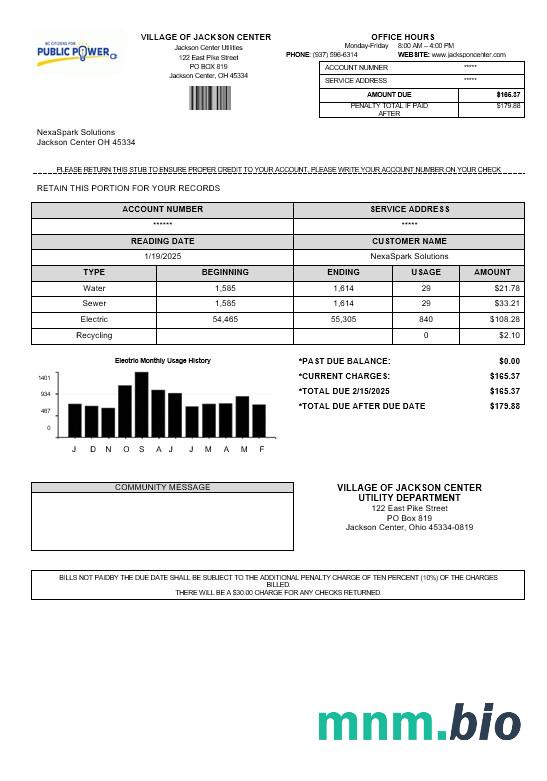 USA Ohio Village of Jackson Center Public power rachunek za usługi komunalne szablon w formacie Word i PDF